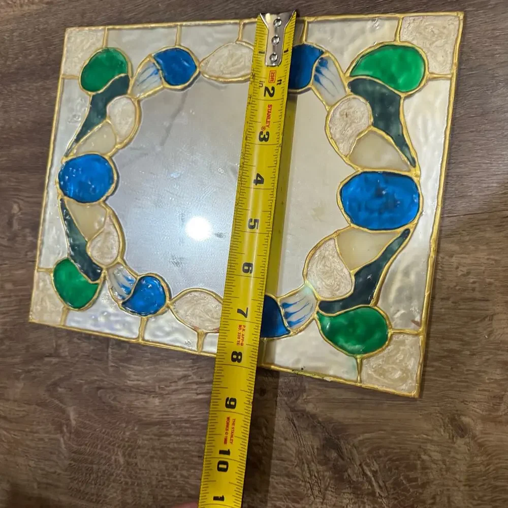Vintage Painted Stained Glass Look Mirror 8x10 Unframed Blue Green Gold - READ